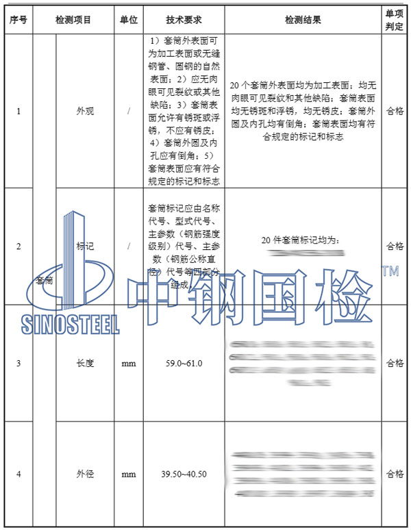 直螺纹套筒部分检测结果